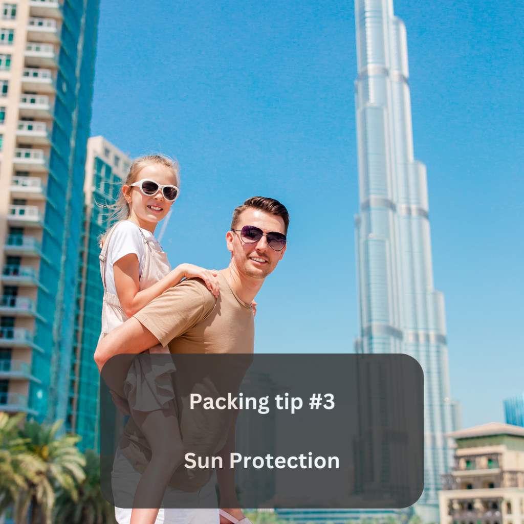 Dubai tourist wearing sun protection (sun glasses and SPF)